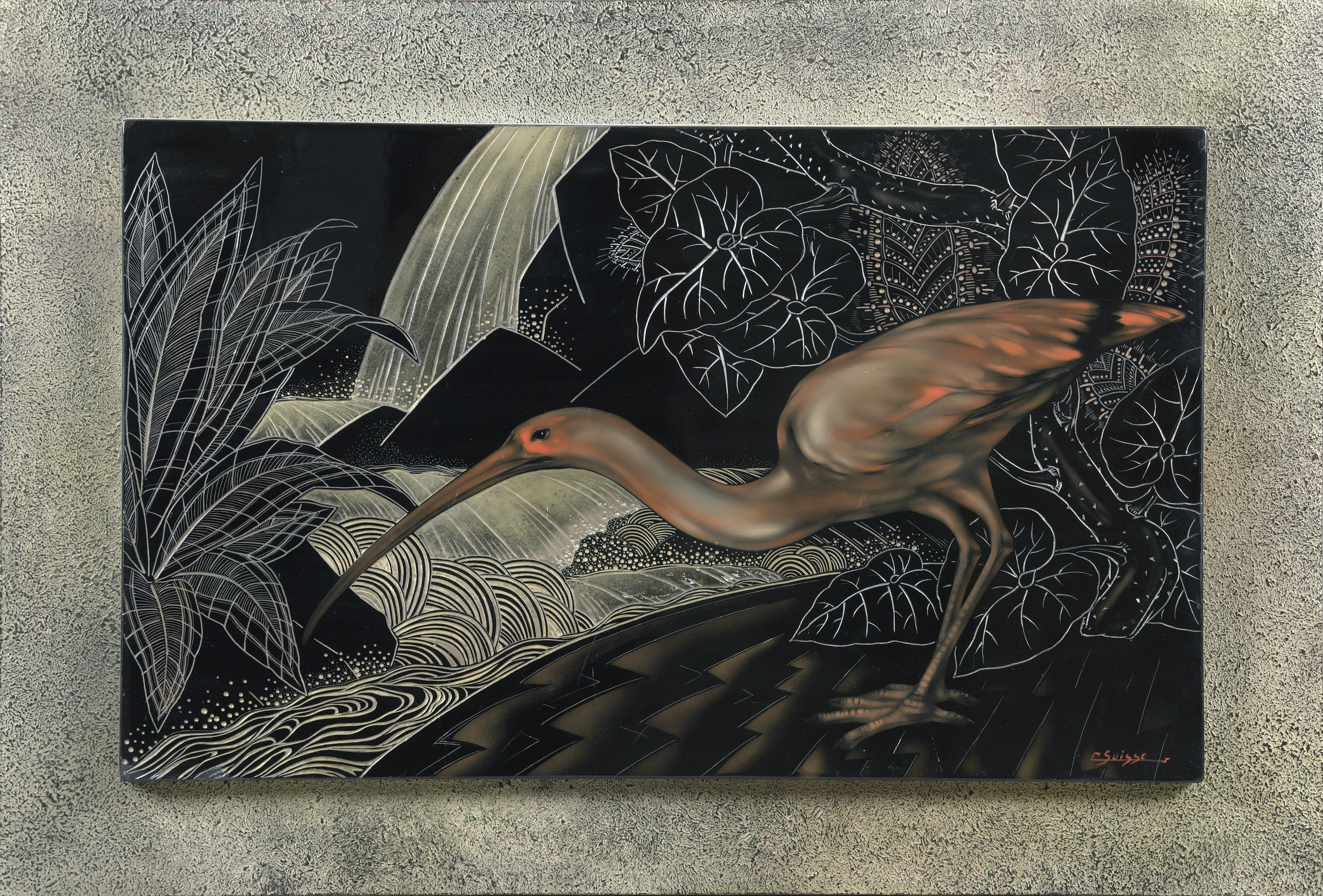 Ibis rose devant une cascade.